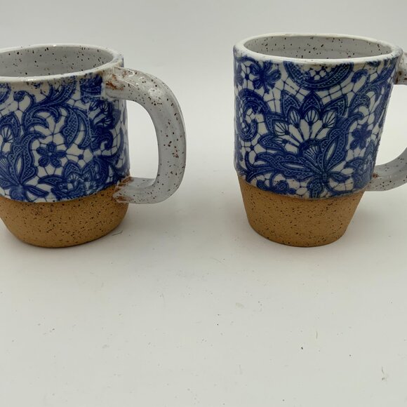 (2) Handcrafted Blue and White Floral Transferware White Speckled Coffee Mugs - Picture 9 of 13